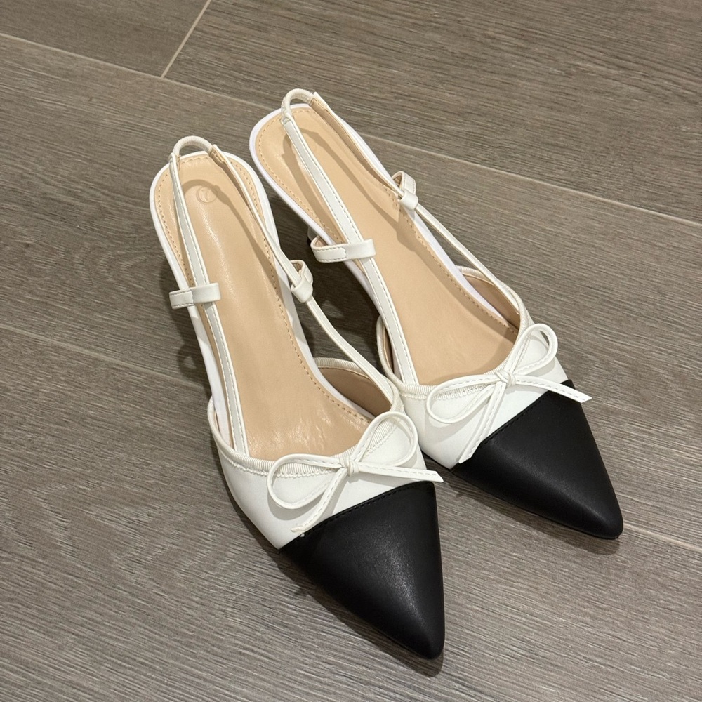 Mini black and white heels with bow detailing - Picture 1 of 4